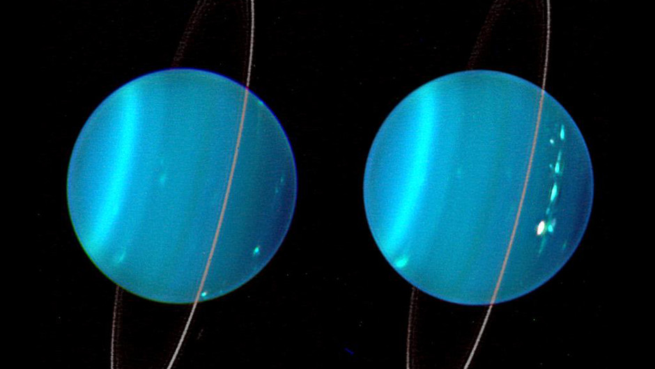 Bilden visar Uranus två halvklot med dess ringar mot svart bakgrund.