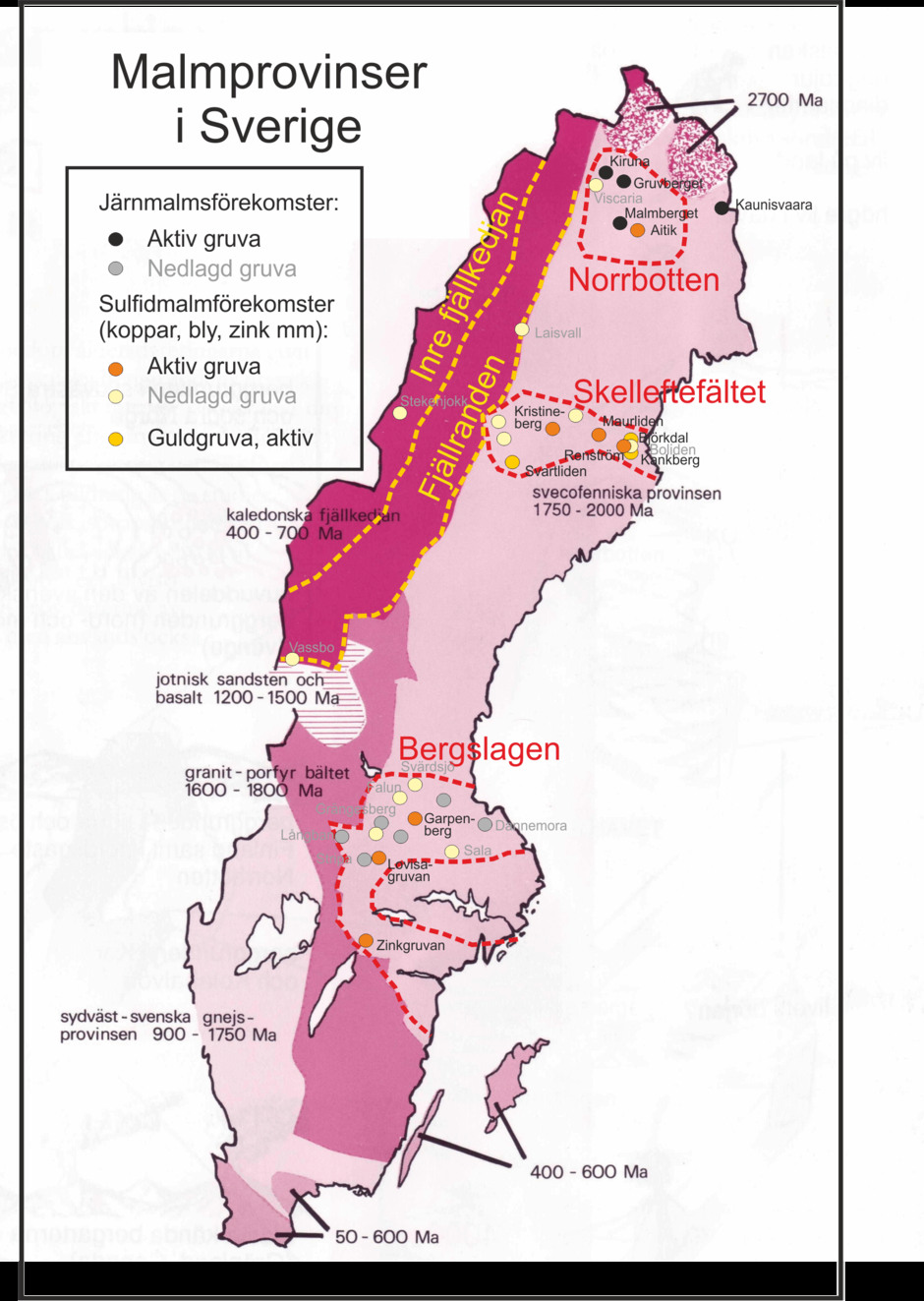 Malmprovinser i Sverige, med aktiva gruvor och större numera nedlagda gruvor, inlagda på en mycket förenklad geologisk karta över Sverige.