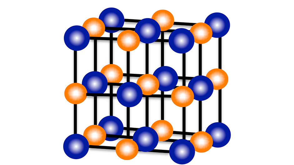 Atomstruktur för mineralet halit (stensalt), vilket består av lika mängd natriumatomer (blå) och kloratomer (orange) ordnade i ett kubiskt kristallgitter.