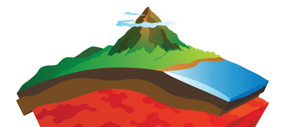 En illustration med två tårtbitar ur jordklotet. Överst på den ena är hav och berg på den andra. Genom olika färgskiftningar ser man även mantel och alla lager ner mot kärnan.