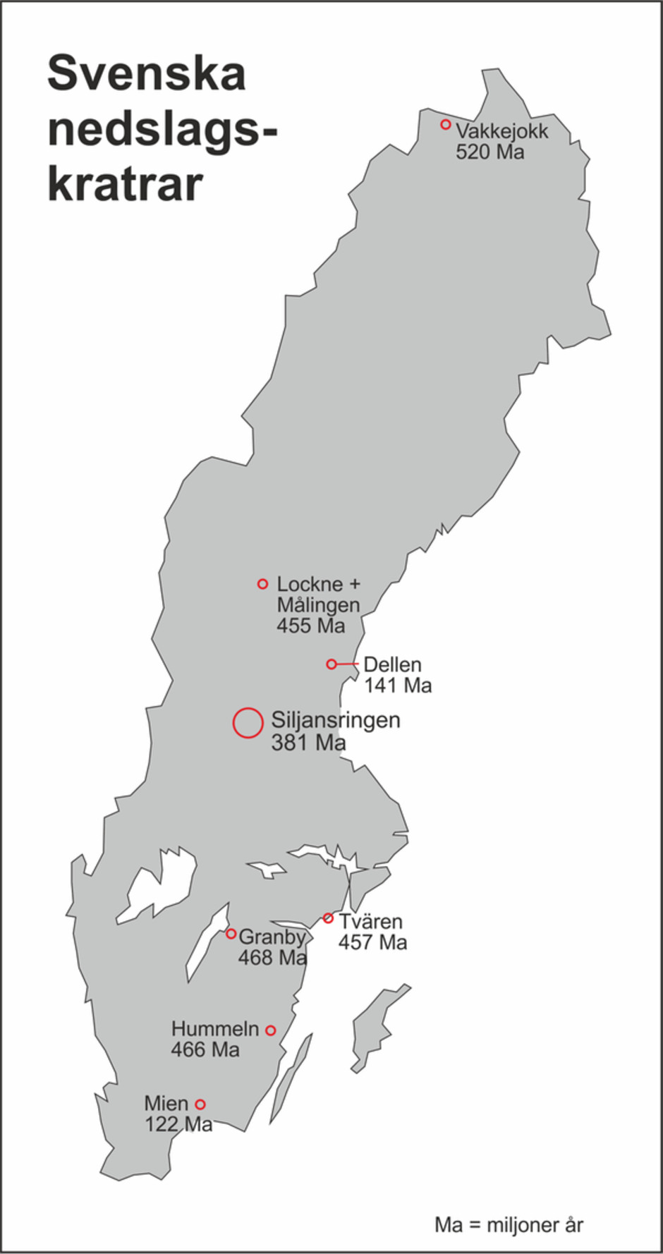 Karta över Sverige som visar alla kända och bevisade nedslagskratrar och deras ålder i miljoner år (Ma).