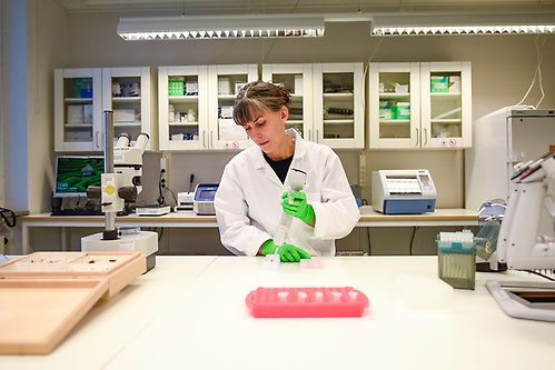 kvinnlig forskare med pipett i labb