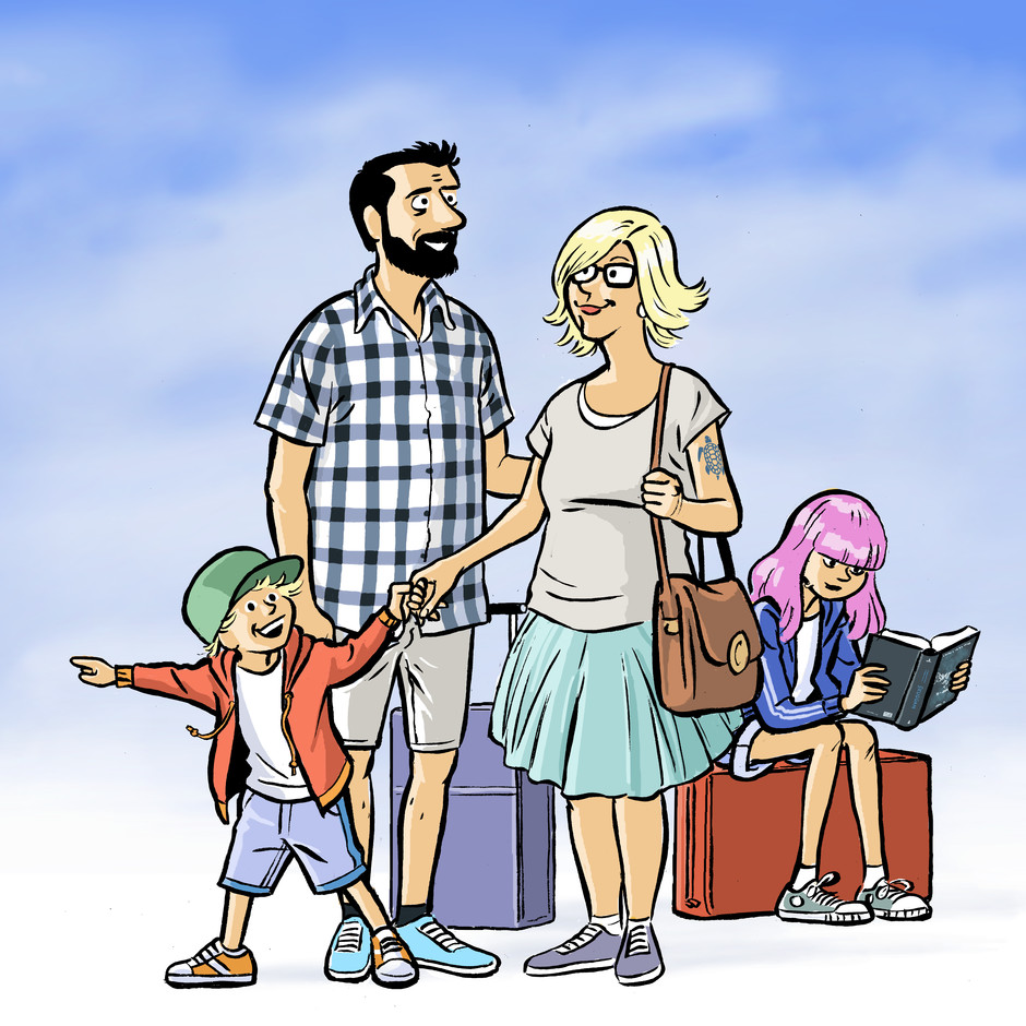 Illustration av en familj på resa.
