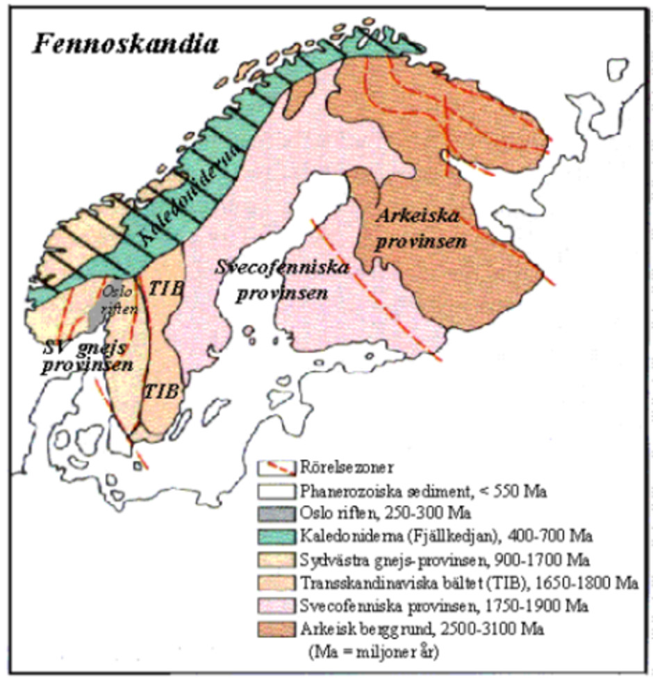 Berggrundsprovinser inom den Fennoskandiska (Baltiska) skölden och deras ålder.