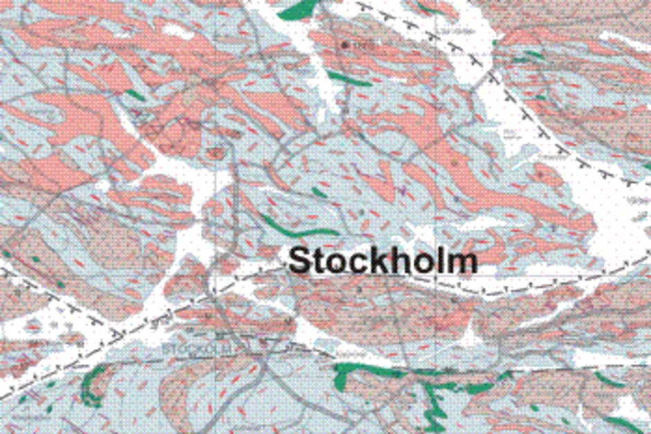Utsnitt ur Berggrundskartan 10I Stockholm (SGU Ba 60, Persson m.fl. 2001). Publicerad med tillstånd av Sveriges Geologiska Undersökning.
