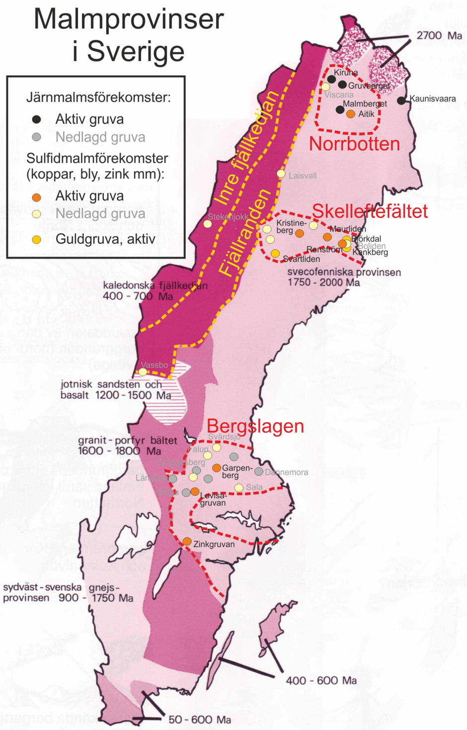 Malmprovinser i Sverige, med aktiva gruvor och större numera nedlagda gruvor, inlagda på en mycket förenklad geologisk karta över Sverige.