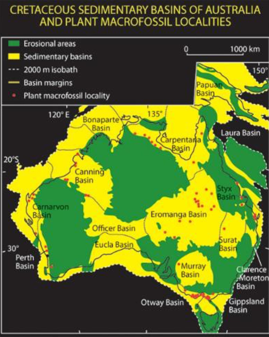 Karta över Australien som med markeringar över vart det går att hitta större växtfossil.