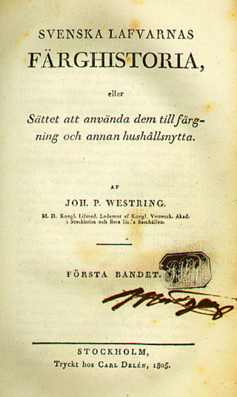 Försättsbladet till "Svenska lafvarnas färghistoria" av Johan Westring (1805).