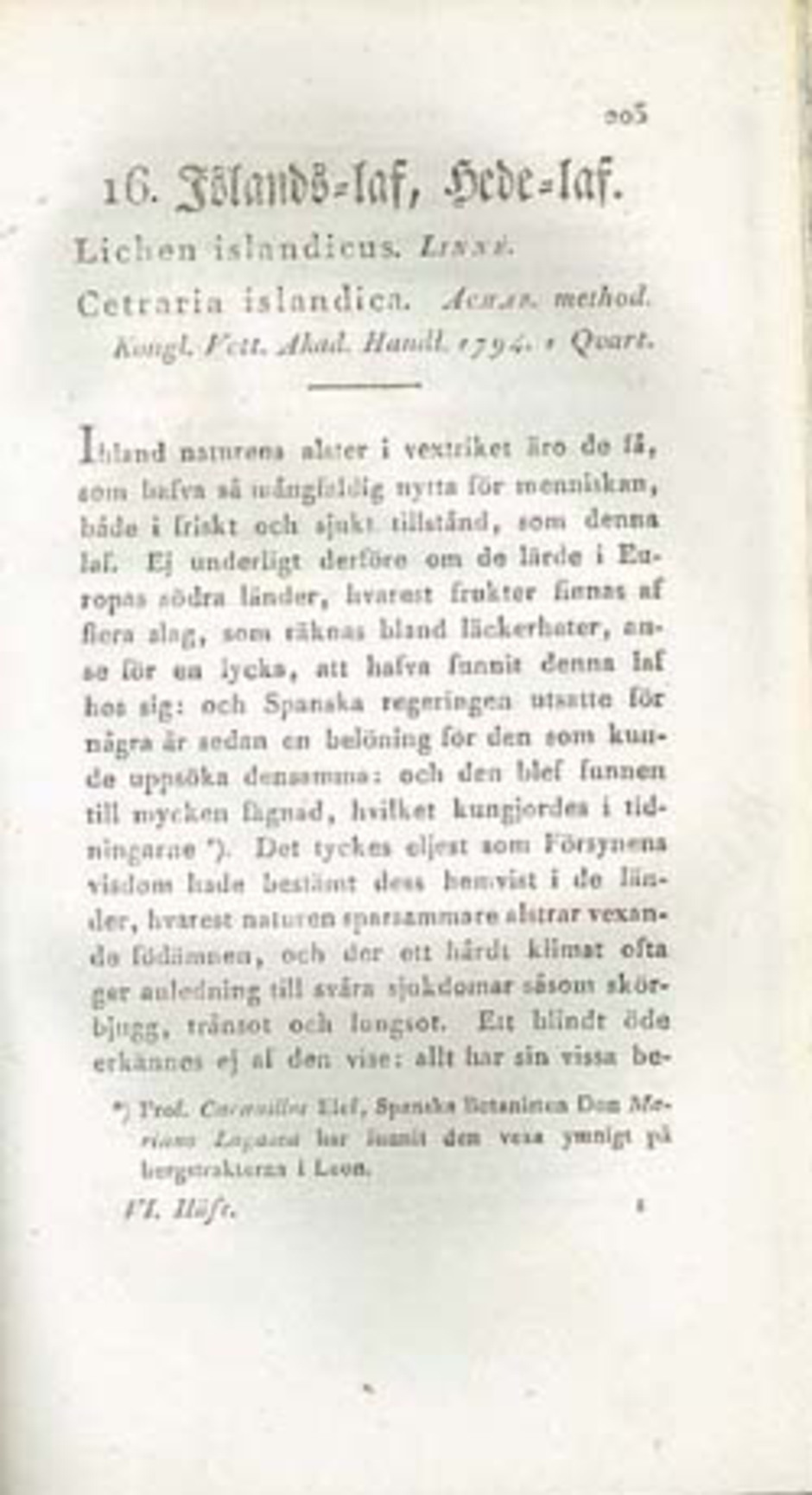 Första sidan av beskrivningen av islandslav ur Svenksa lafvarnas färghistoria, eller sättet att använda dem till färgning och annan hushållsnytta av J. P. Westring, 1805.