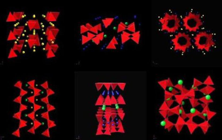 Kiseltetraedrar (röda, bestående av en kiselatom i mitten och en syreatom i varje hörn) kan vara ordnade i grupper, ringar, kedjor, skikt eller tredimensionella nätverk, och bygger tillsammans med andra atomer (gula, gröna, blå) upp olika silikatmineral.